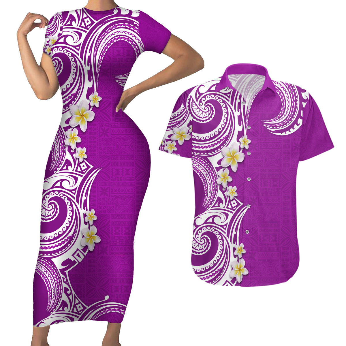 Aloha Polynesian Plumeria Flower Couples Matching Short Sleeve Bodycon Dress and Hawaiian Shirt Purple Color LT03 Purple - Polynesian Pride