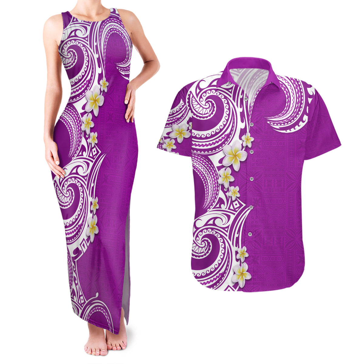 Aloha Polynesian Plumeria Flower Couples Matching Tank Maxi Dress and Hawaiian Shirt Purple Color LT03 Purple - Polynesian Pride