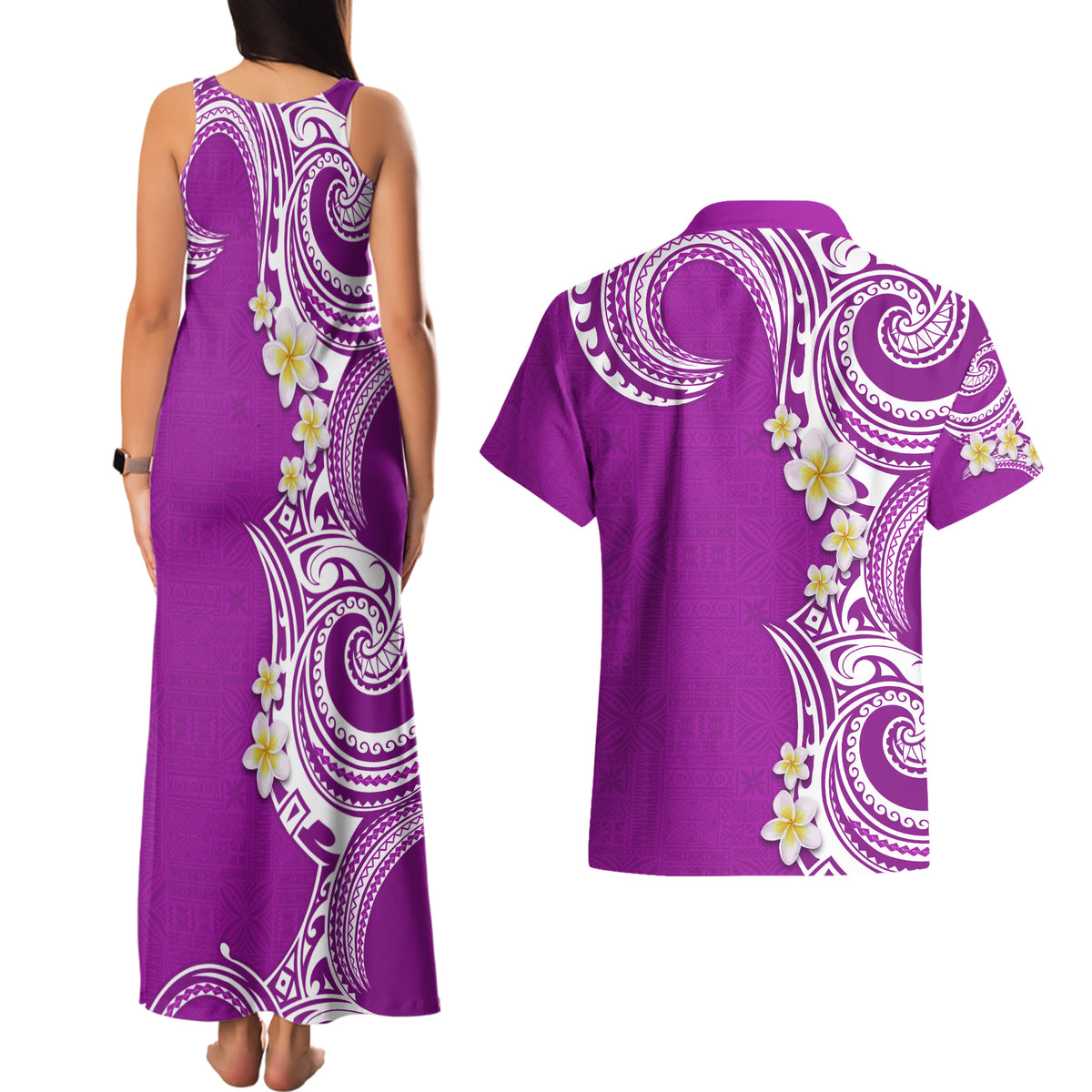 Aloha Polynesian Plumeria Flower Couples Matching Tank Maxi Dress and Hawaiian Shirt Purple Color LT03 - Polynesian Pride