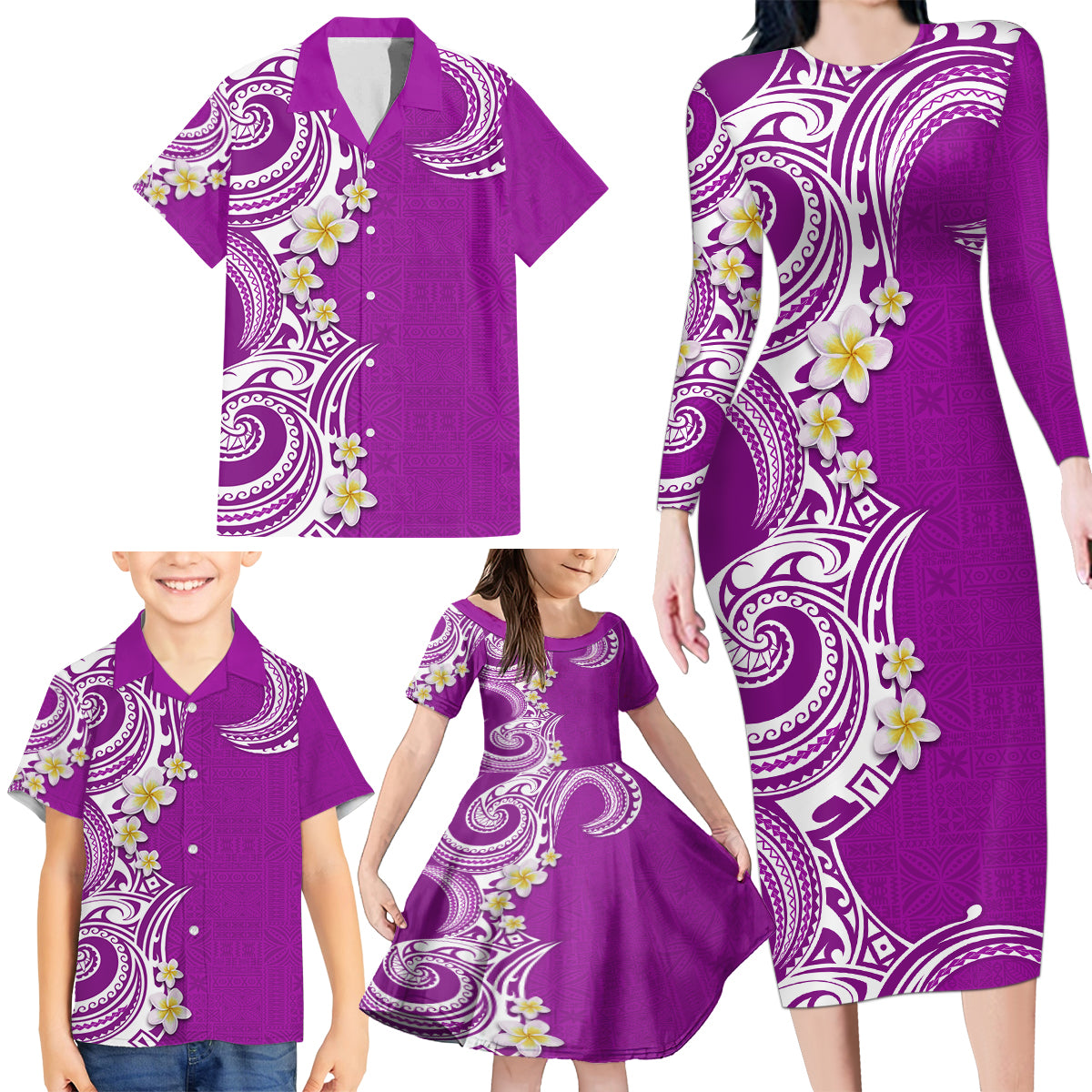 Aloha Polynesian Plumeria Flower Family Matching Long Sleeve Bodycon Dress and Hawaiian Shirt Purple Color LT03 - Polynesian Pride