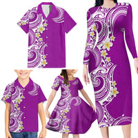Aloha Polynesian Plumeria Flower Family Matching Long Sleeve Bodycon Dress and Hawaiian Shirt Purple Color LT03 - Polynesian Pride