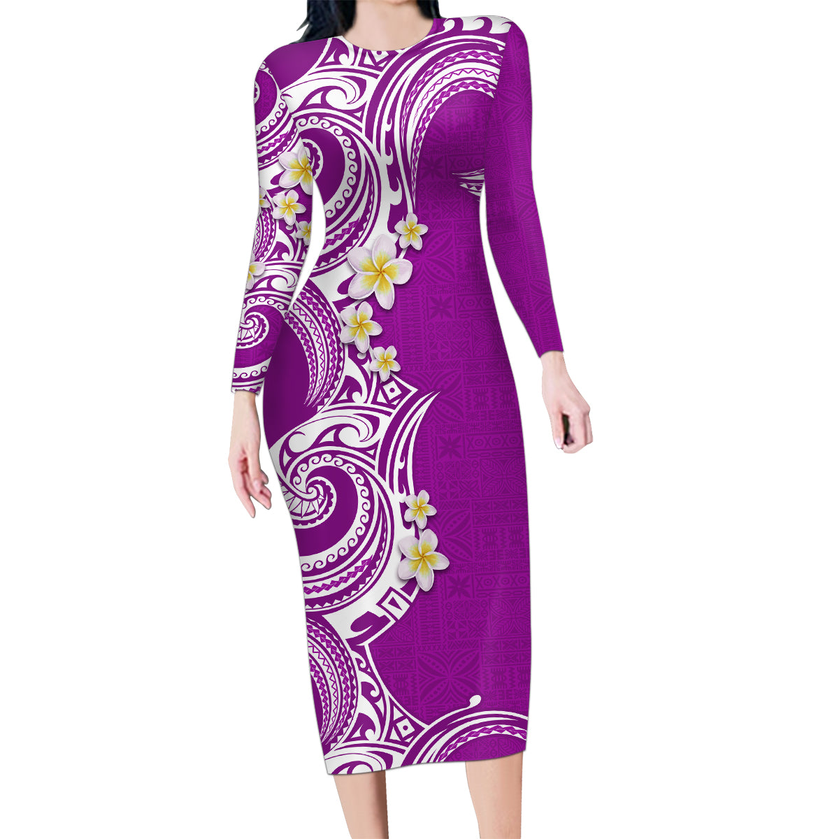 Aloha Polynesian Plumeria Flower Family Matching Long Sleeve Bodycon Dress and Hawaiian Shirt Purple Color LT03 Mom's Dress Purple - Polynesian Pride