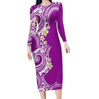 Aloha Polynesian Plumeria Flower Family Matching Long Sleeve Bodycon Dress and Hawaiian Shirt Purple Color LT03 Mom's Dress Purple - Polynesian Pride