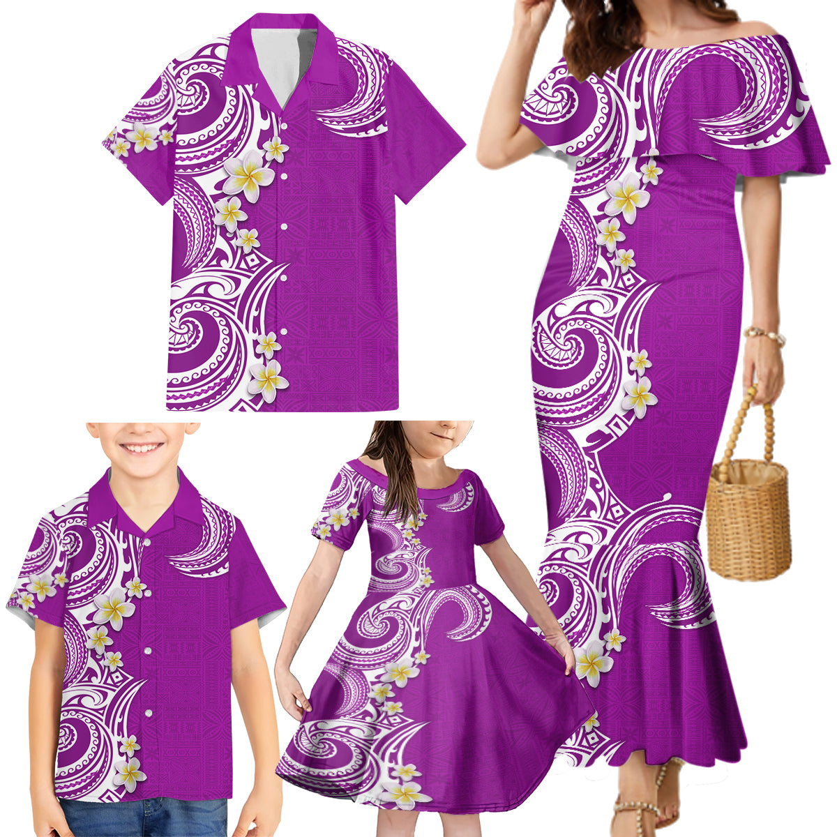 Aloha Polynesian Plumeria Flower Family Matching Mermaid Dress and Hawaiian Shirt Purple Color LT03 - Polynesian Pride