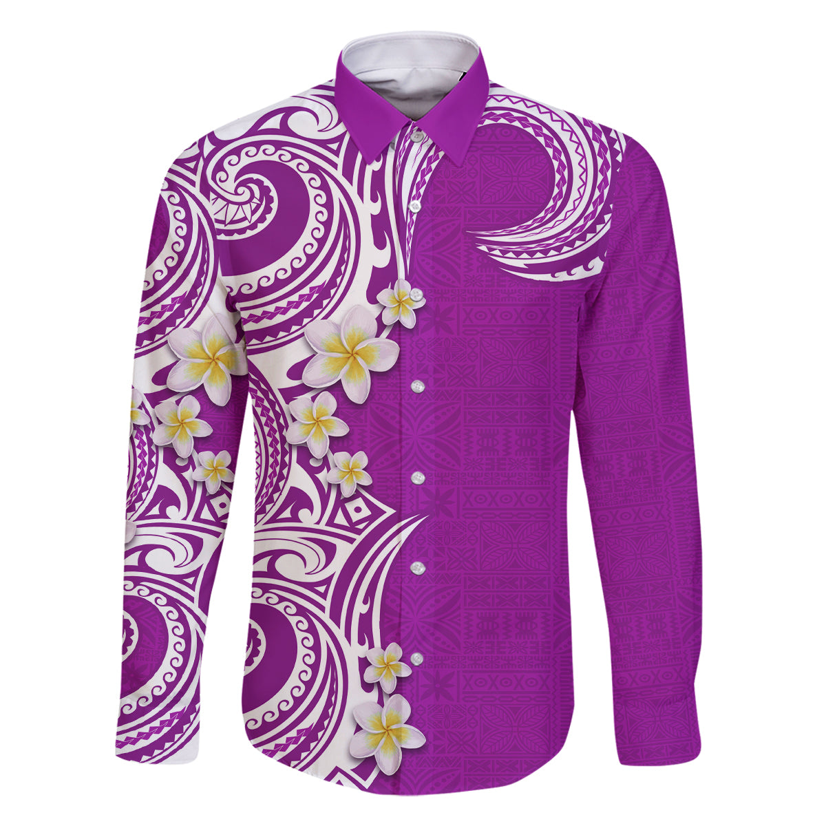 Aloha Polynesian Plumeria Flower Family Matching Mermaid Dress and Hawaiian Shirt Purple Color LT03 Dad's Shirt - Long Sleeve Purple - Polynesian Pride