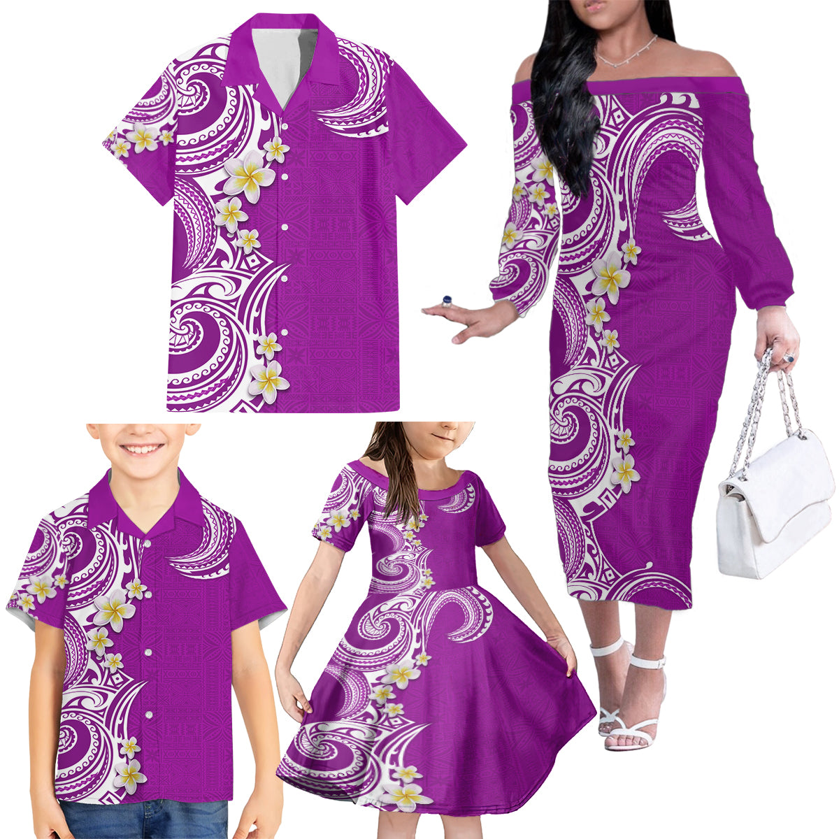 Aloha Polynesian Plumeria Flower Family Matching Off The Shoulder Long Sleeve Dress and Hawaiian Shirt Purple Color LT03 - Polynesian Pride