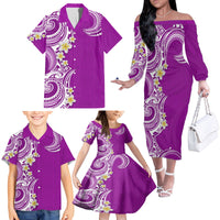 Aloha Polynesian Plumeria Flower Family Matching Off The Shoulder Long Sleeve Dress and Hawaiian Shirt Purple Color LT03 - Polynesian Pride
