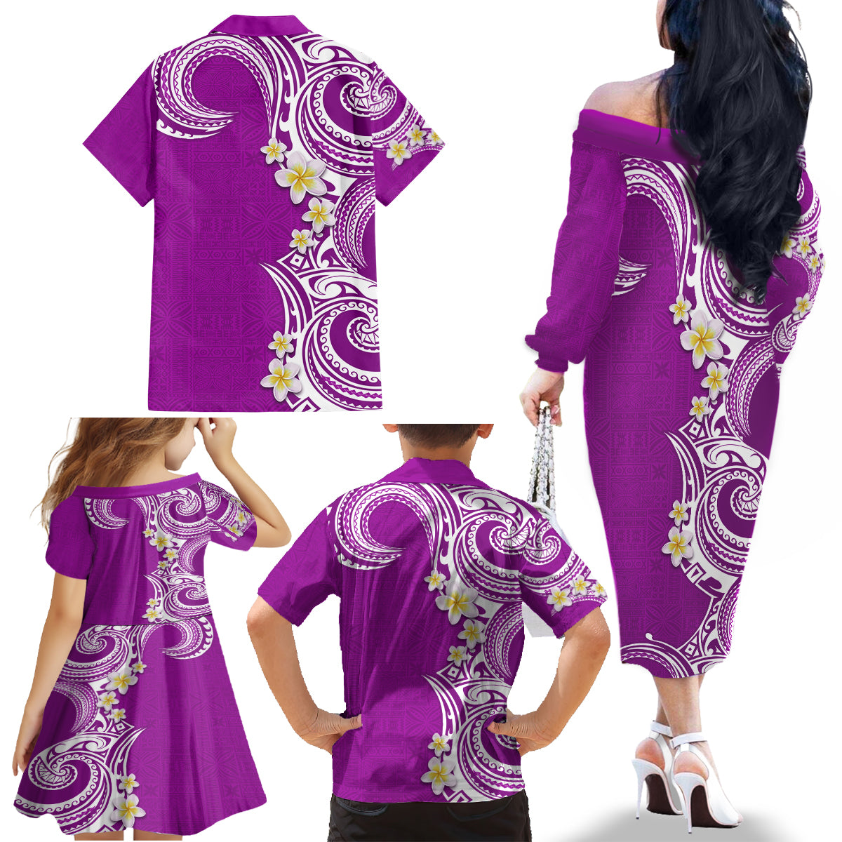 Aloha Polynesian Plumeria Flower Family Matching Off The Shoulder Long Sleeve Dress and Hawaiian Shirt Purple Color LT03 - Polynesian Pride