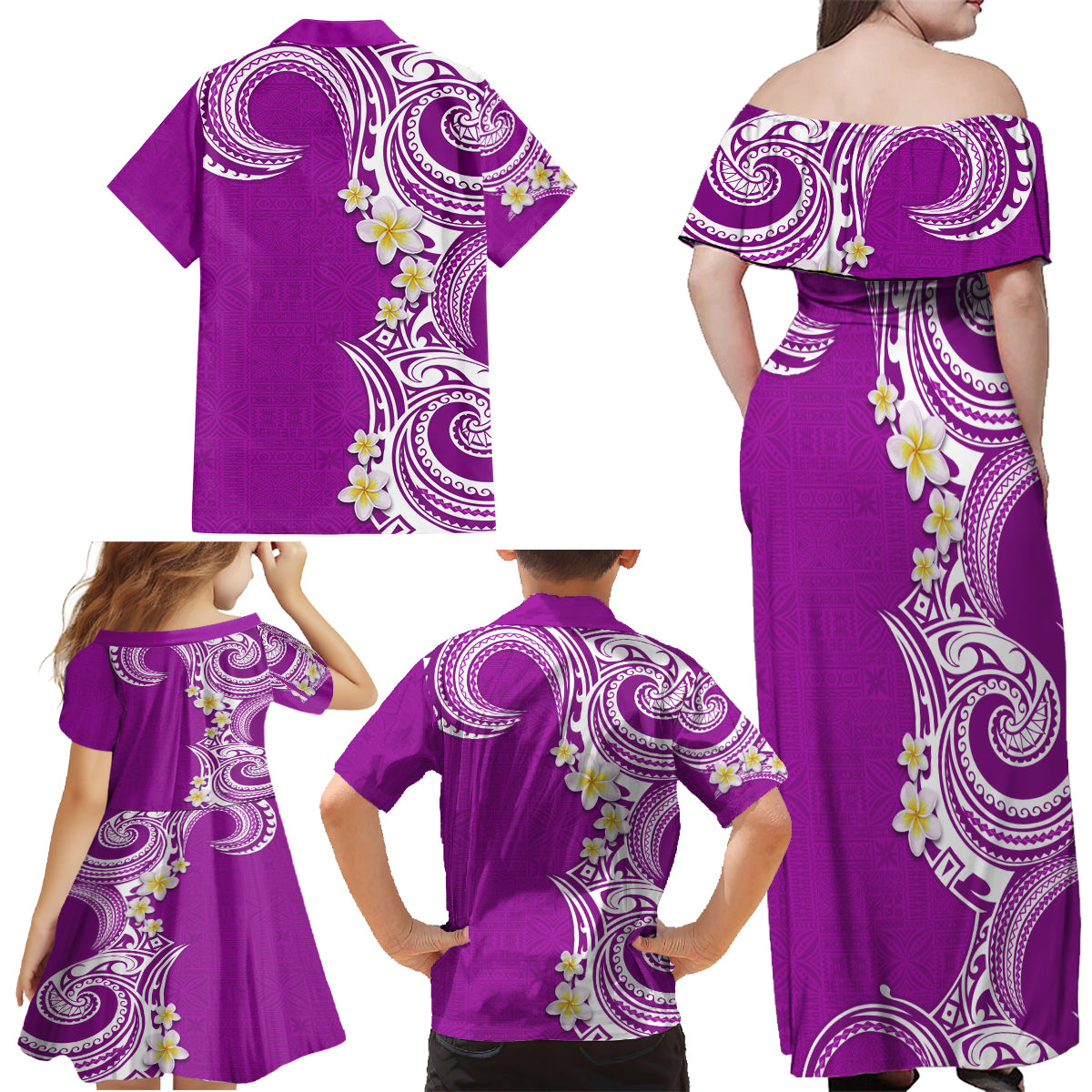 Aloha Polynesian Plumeria Flower Family Matching Off Shoulder Maxi Dress and Hawaiian Shirt Purple Color LT03 - Polynesian Pride