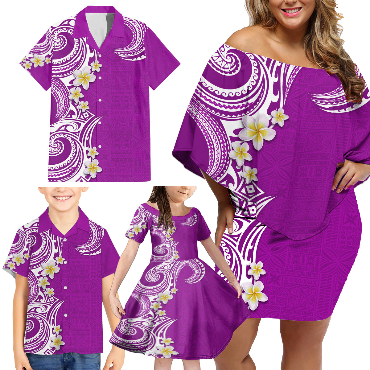 Aloha Polynesian Plumeria Flower Family Matching Off Shoulder Short Dress and Hawaiian Shirt Purple Color LT03 - Polynesian Pride