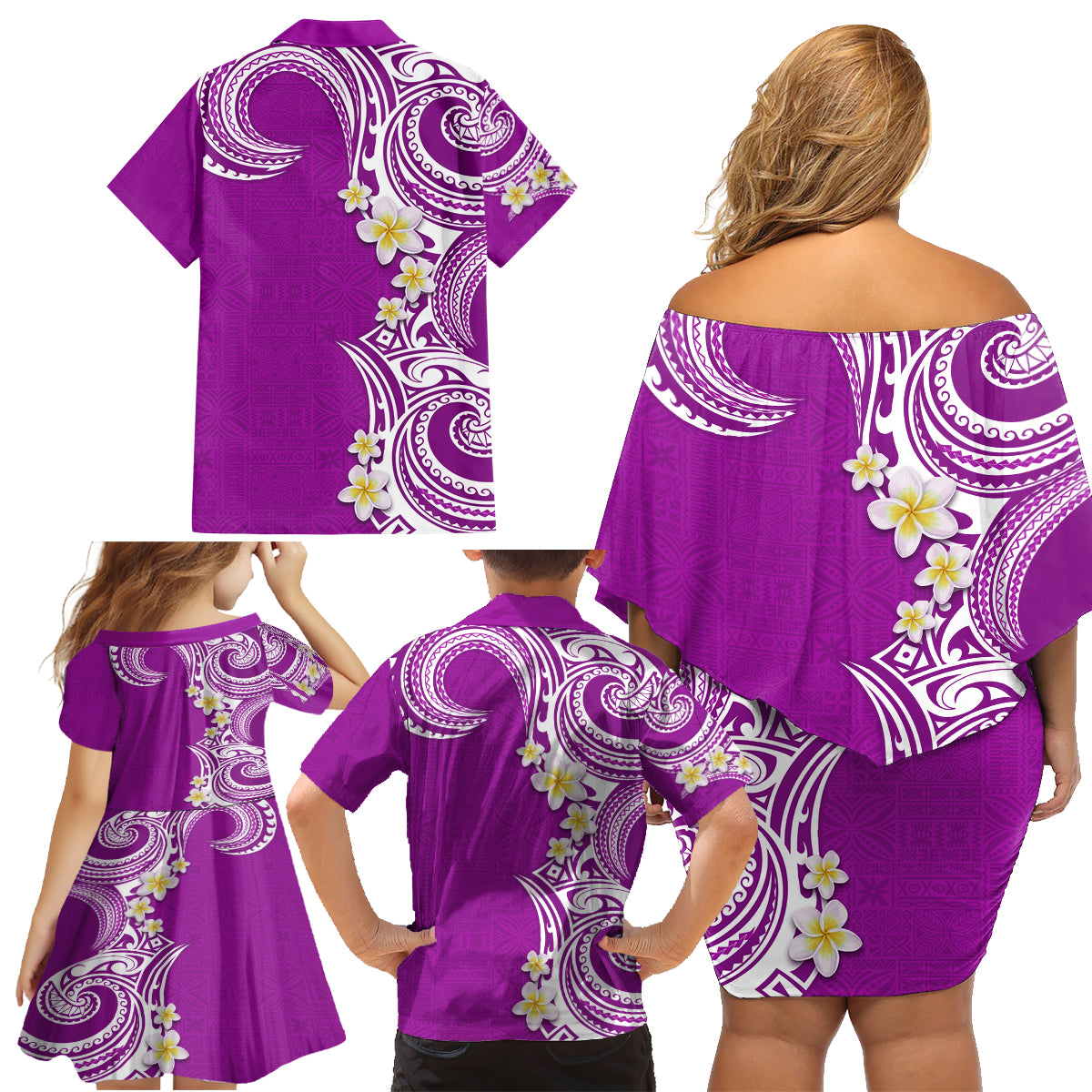 Aloha Polynesian Plumeria Flower Family Matching Off Shoulder Short Dress and Hawaiian Shirt Purple Color LT03 - Polynesian Pride