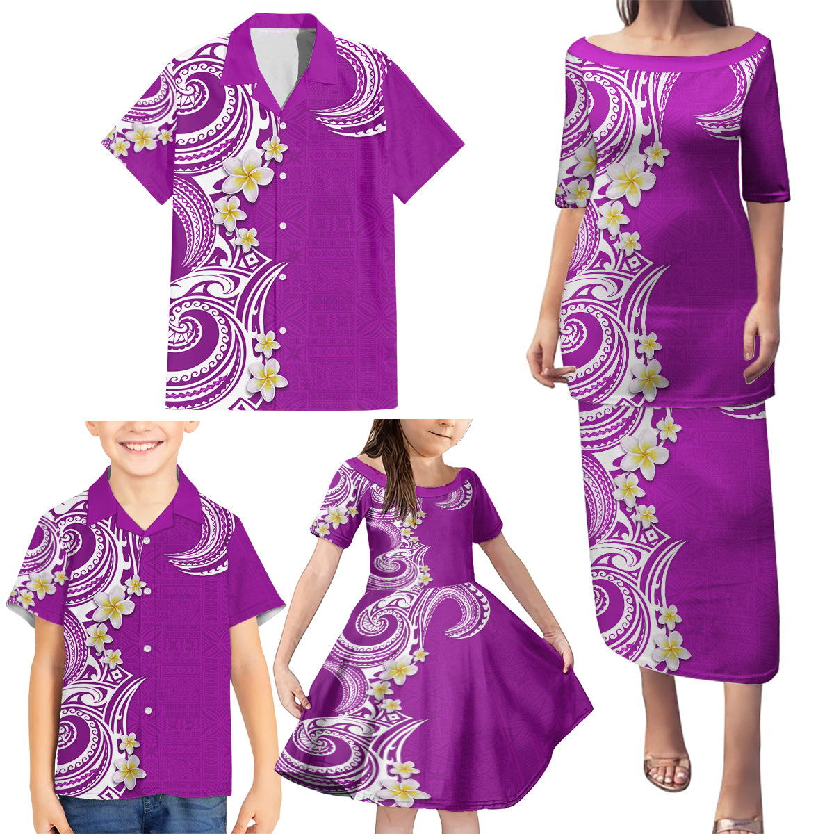 Aloha Polynesian Plumeria Flower Family Matching Puletasi and Hawaiian Shirt Purple Color LT03 - Polynesian Pride