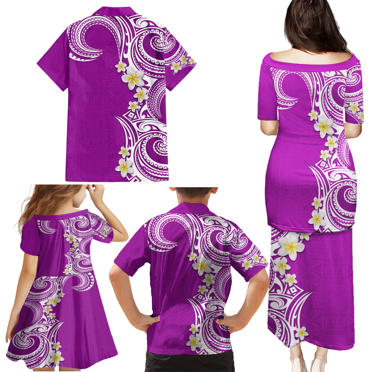 Aloha Polynesian Plumeria Flower Family Matching Puletasi and Hawaiian Shirt Purple Color LT03 - Polynesian Pride