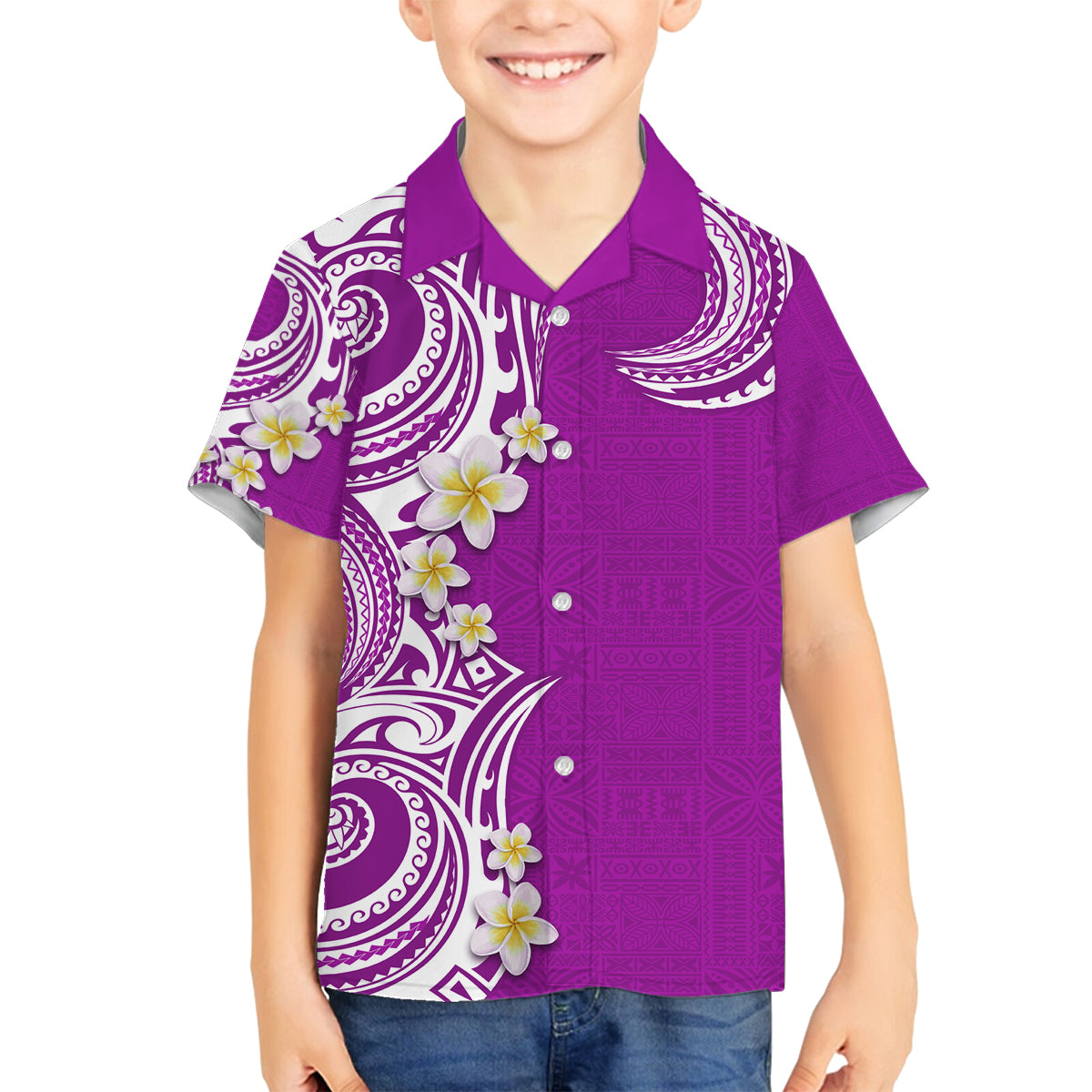 Aloha Polynesian Plumeria Flower Family Matching Puletasi and Hawaiian Shirt Purple Color LT03 Son's Shirt Purple - Polynesian Pride