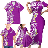 Aloha Polynesian Plumeria Flower Family Matching Short Sleeve Bodycon Dress and Hawaiian Shirt Purple Color LT03 - Polynesian Pride