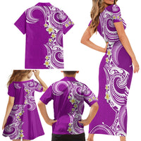 Aloha Polynesian Plumeria Flower Family Matching Short Sleeve Bodycon Dress and Hawaiian Shirt Purple Color LT03 - Polynesian Pride