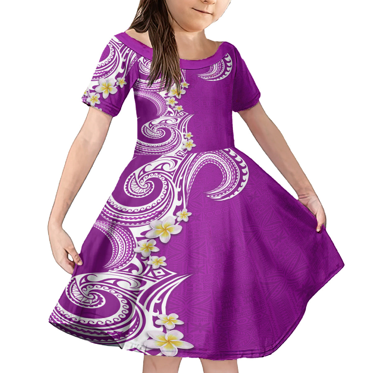 Aloha Polynesian Plumeria Flower Family Matching Summer Maxi Dress and Hawaiian Shirt Purple Color LT03 Daughter's Dress Purple - Polynesian Pride