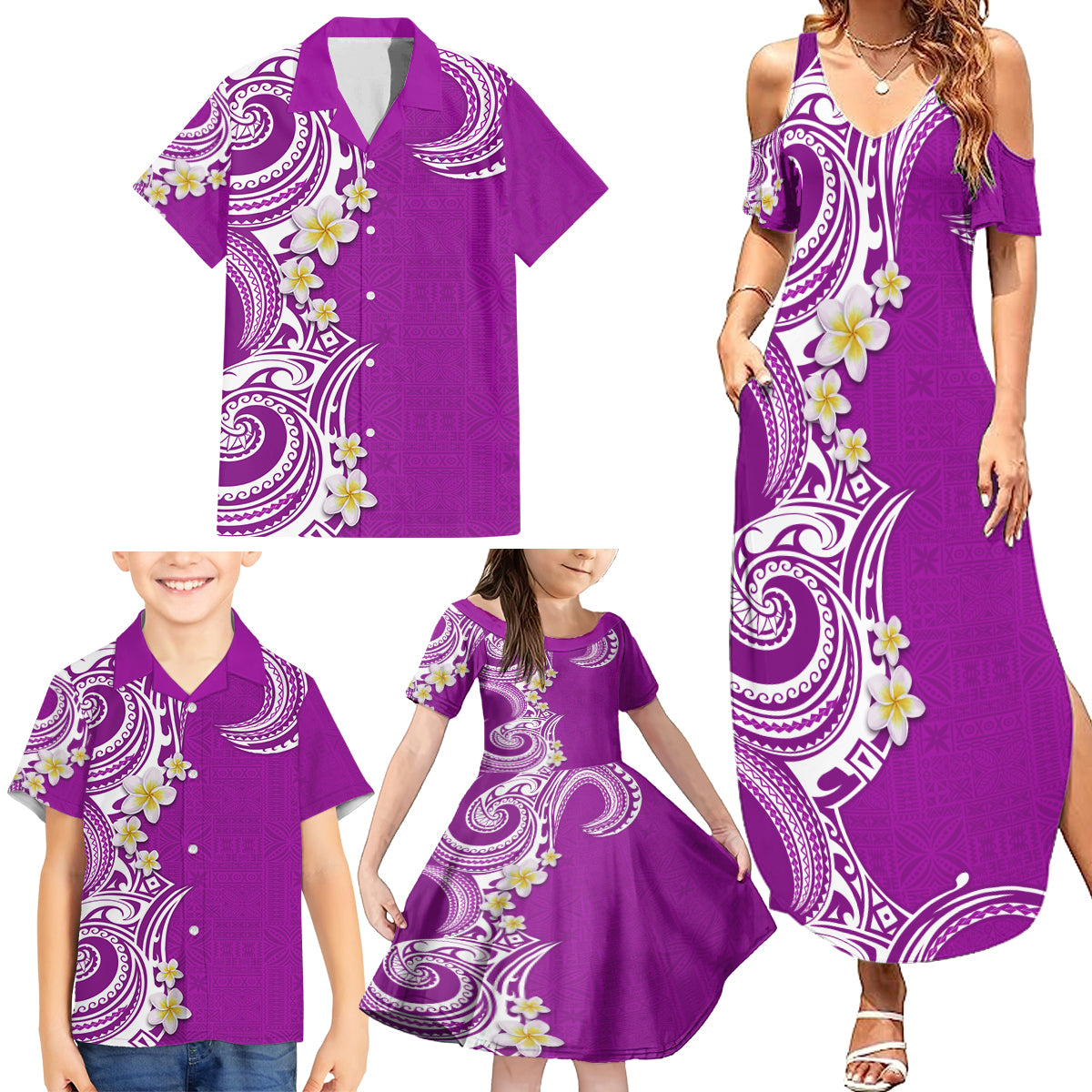 Aloha Polynesian Plumeria Flower Family Matching Summer Maxi Dress and Hawaiian Shirt Purple Color LT03 - Polynesian Pride