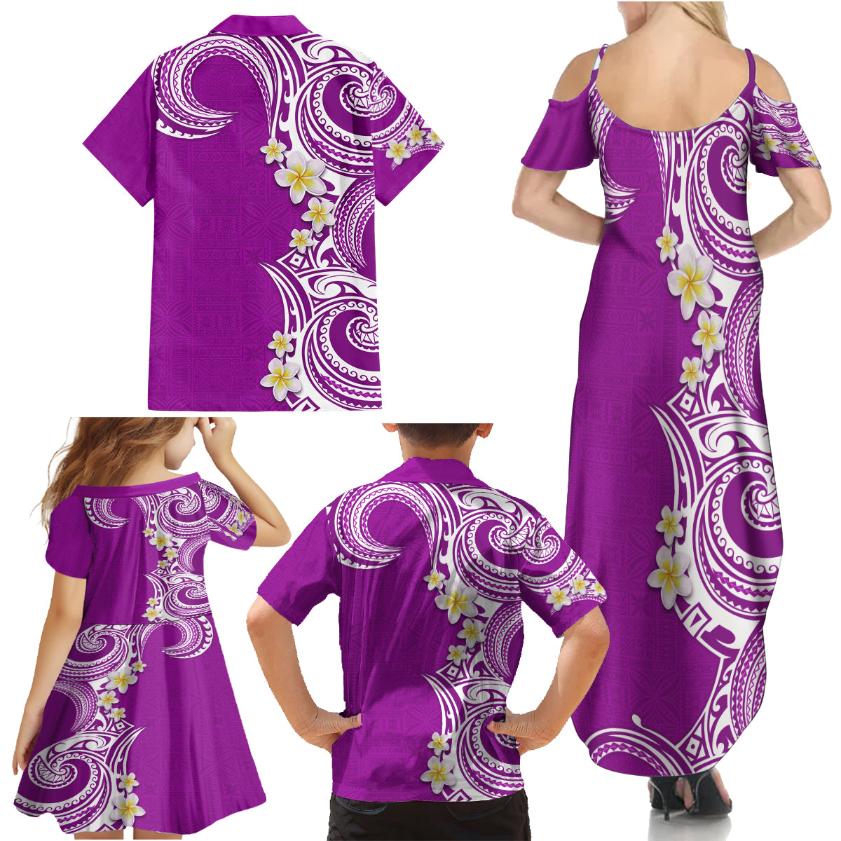 Aloha Polynesian Plumeria Flower Family Matching Summer Maxi Dress and Hawaiian Shirt Purple Color LT03 - Polynesian Pride