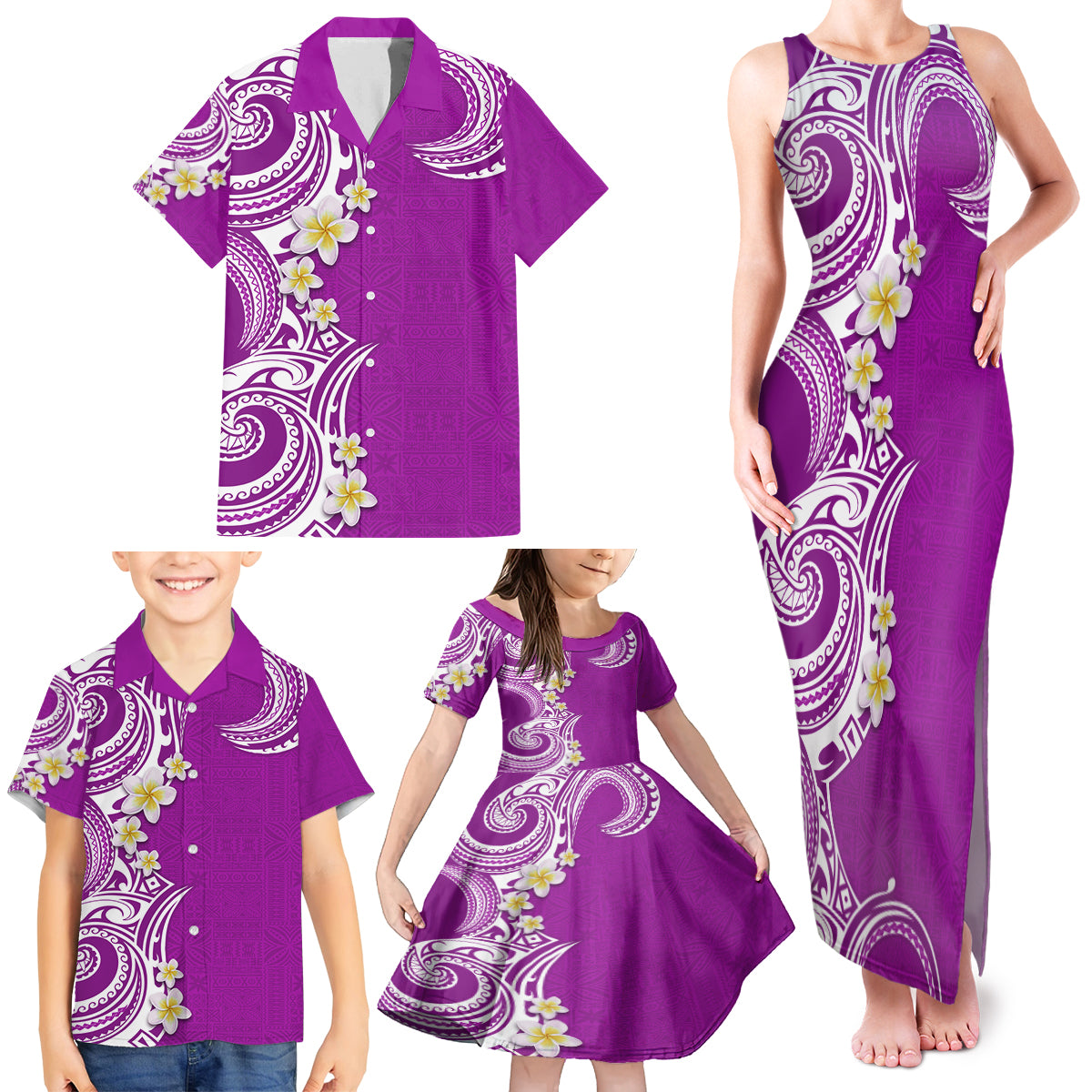 Aloha Polynesian Plumeria Flower Family Matching Tank Maxi Dress and Hawaiian Shirt Purple Color LT03 - Polynesian Pride