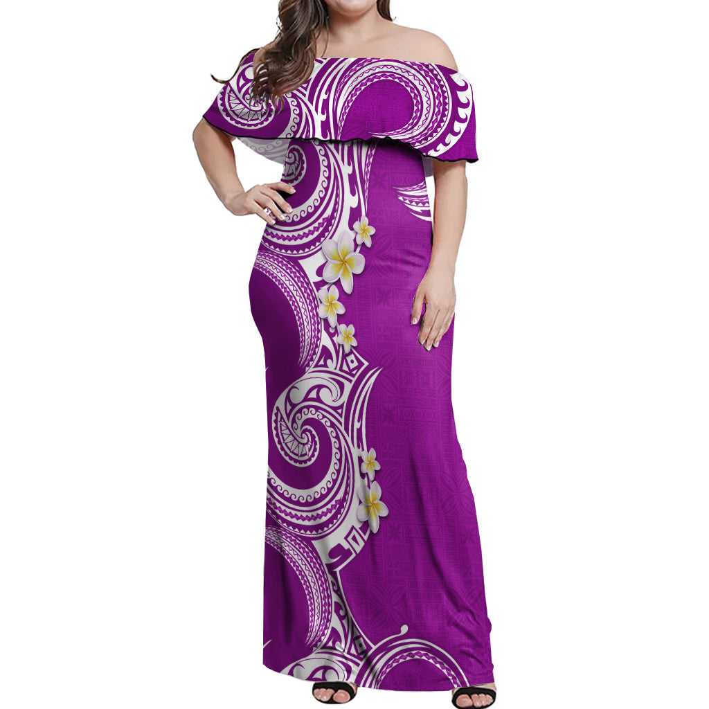 Aloha Polynesian Plumeria Flower Off Shoulder Maxi Dress Purple Color