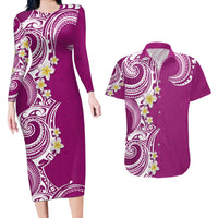 Aloha Polynesian Plumeria Flower Couples Matching Long Sleeve Bodycon Dress and Hawaiian Shirt Pink Color LT03 Pink - Polynesian Pride