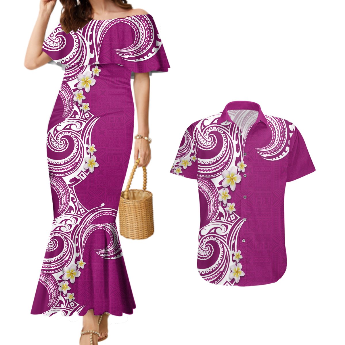 Aloha Polynesian Plumeria Flower Couples Matching Mermaid Dress and Hawaiian Shirt Pink Color LT03 Pink - Polynesian Pride