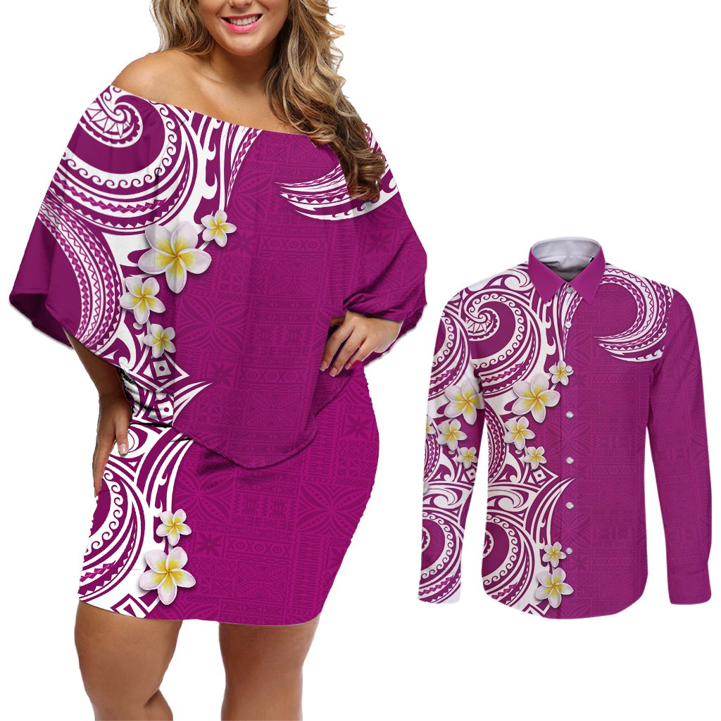 Aloha Polynesian Plumeria Flower Couples Matching Off Shoulder Short Dress and Long Sleeve Button Shirt Pink Color