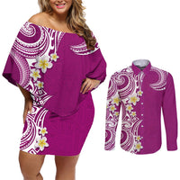 Aloha Polynesian Plumeria Flower Couples Matching Off Shoulder Short Dress and Long Sleeve Button Shirt Pink Color