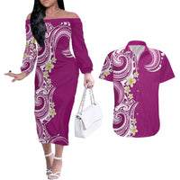 Aloha Polynesian Plumeria Flower Couples Matching Off The Shoulder Long Sleeve Dress and Hawaiian Shirt Pink Color LT03 Pink - Polynesian Pride