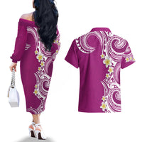 Aloha Polynesian Plumeria Flower Couples Matching Off The Shoulder Long Sleeve Dress and Hawaiian Shirt Pink Color LT03 - Polynesian Pride