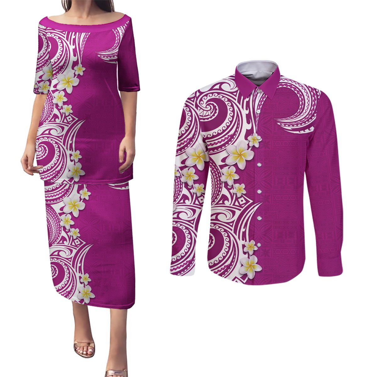 Aloha Polynesian Plumeria Flower Couples Matching Puletasi and Long Sleeve Button Shirt Pink Color
