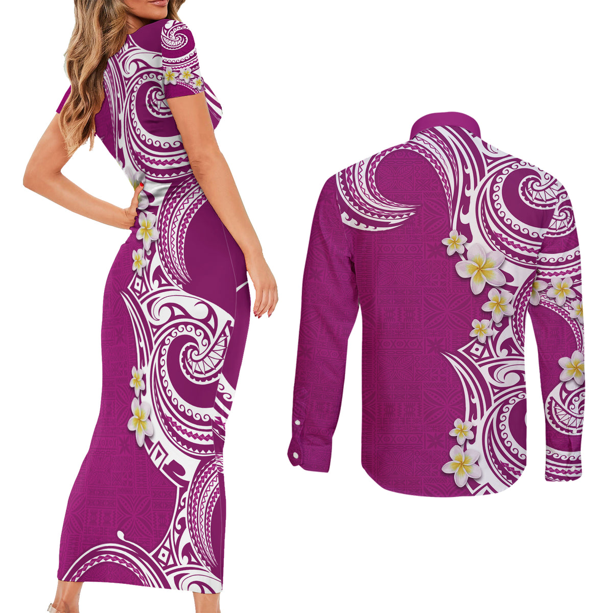 Aloha Polynesian Plumeria Flower Couples Matching Short Sleeve Bodycon Dress and Long Sleeve Button Shirt Pink Color