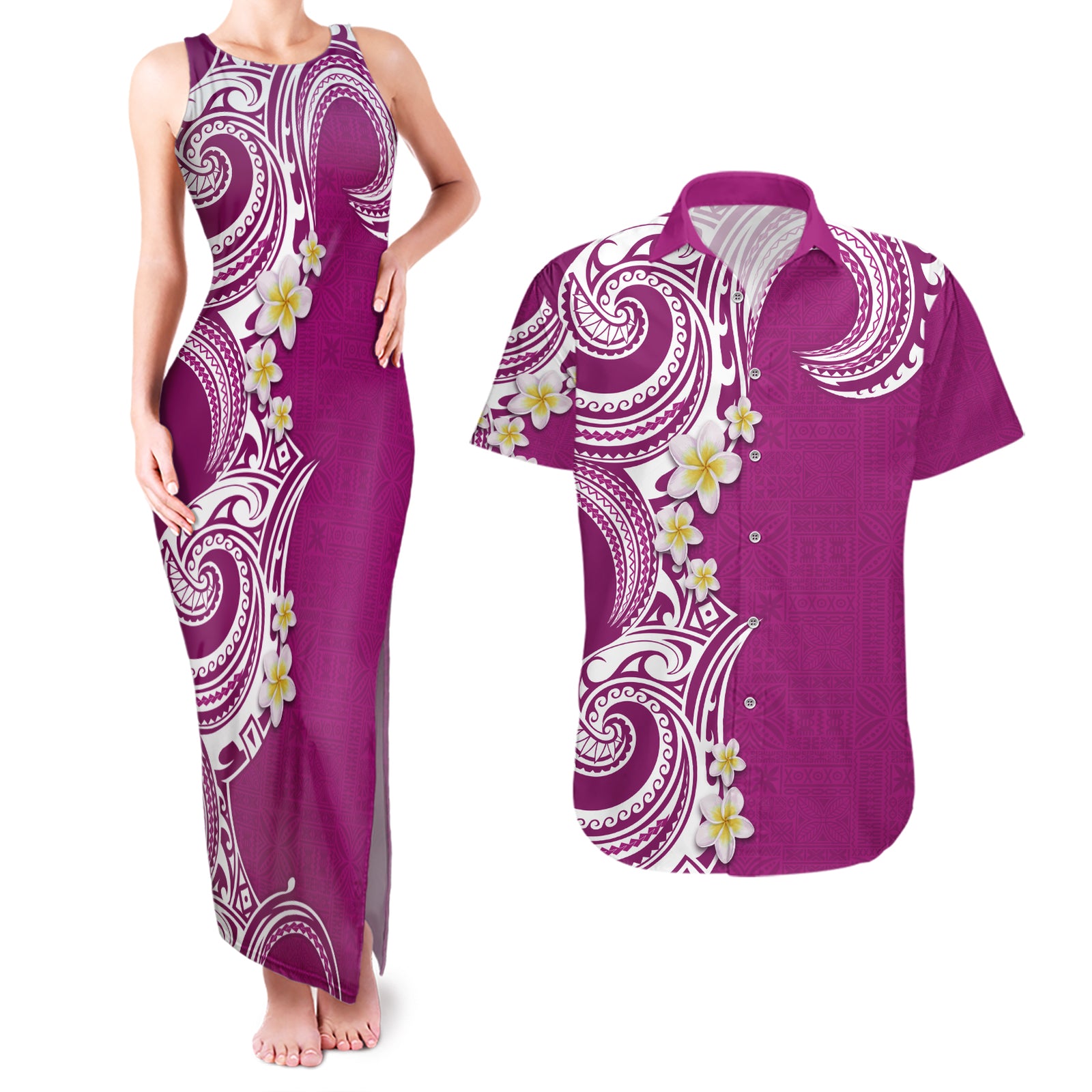 Aloha Polynesian Plumeria Flower Couples Matching Tank Maxi Dress and Hawaiian Shirt Pink Color