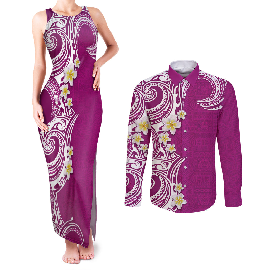 Aloha Polynesian Plumeria Flower Couples Matching Tank Maxi Dress and Long Sleeve Button Shirt Pink Color