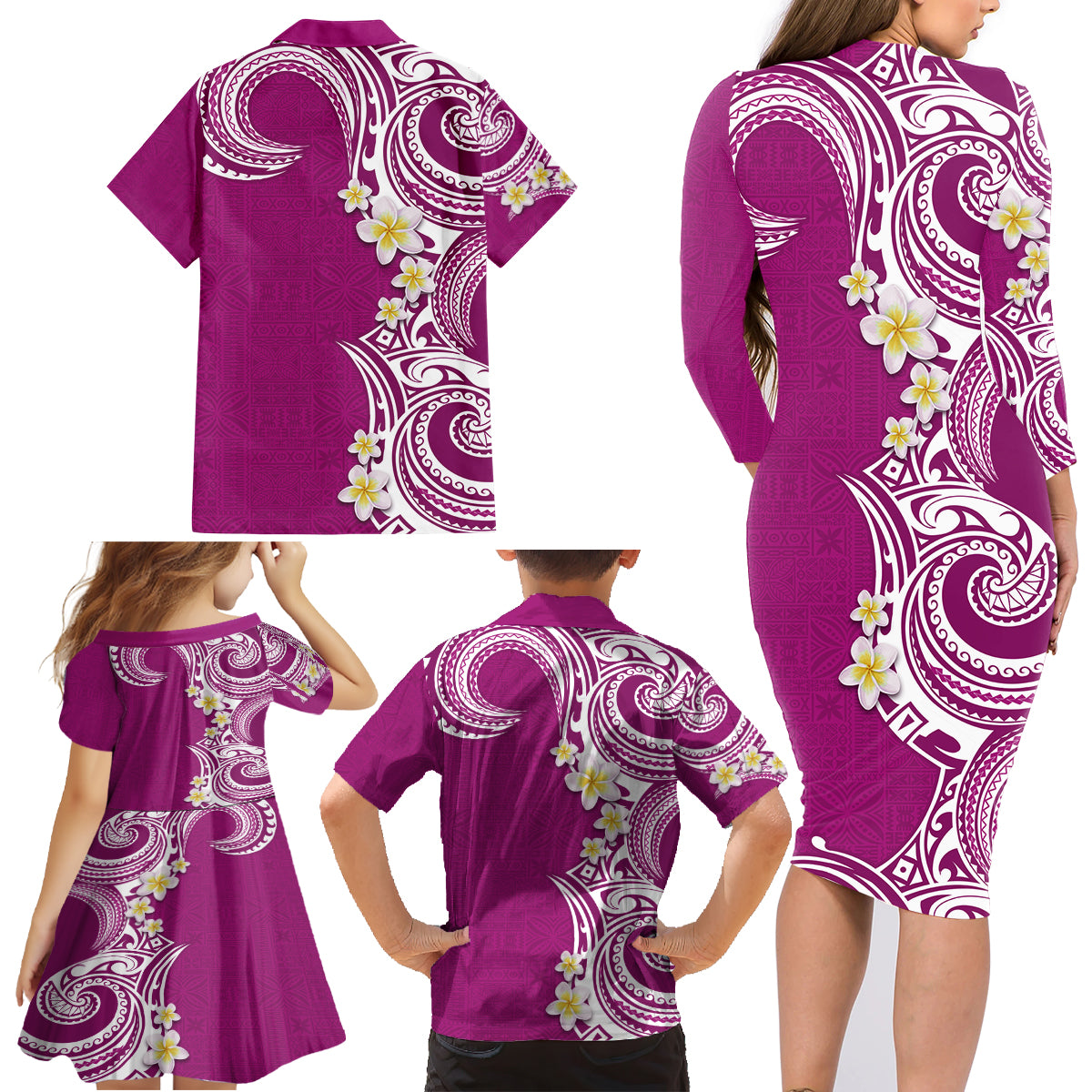 Aloha Polynesian Plumeria Flower Family Matching Long Sleeve Bodycon Dress and Hawaiian Shirt Pink Color LT03 - Polynesian Pride