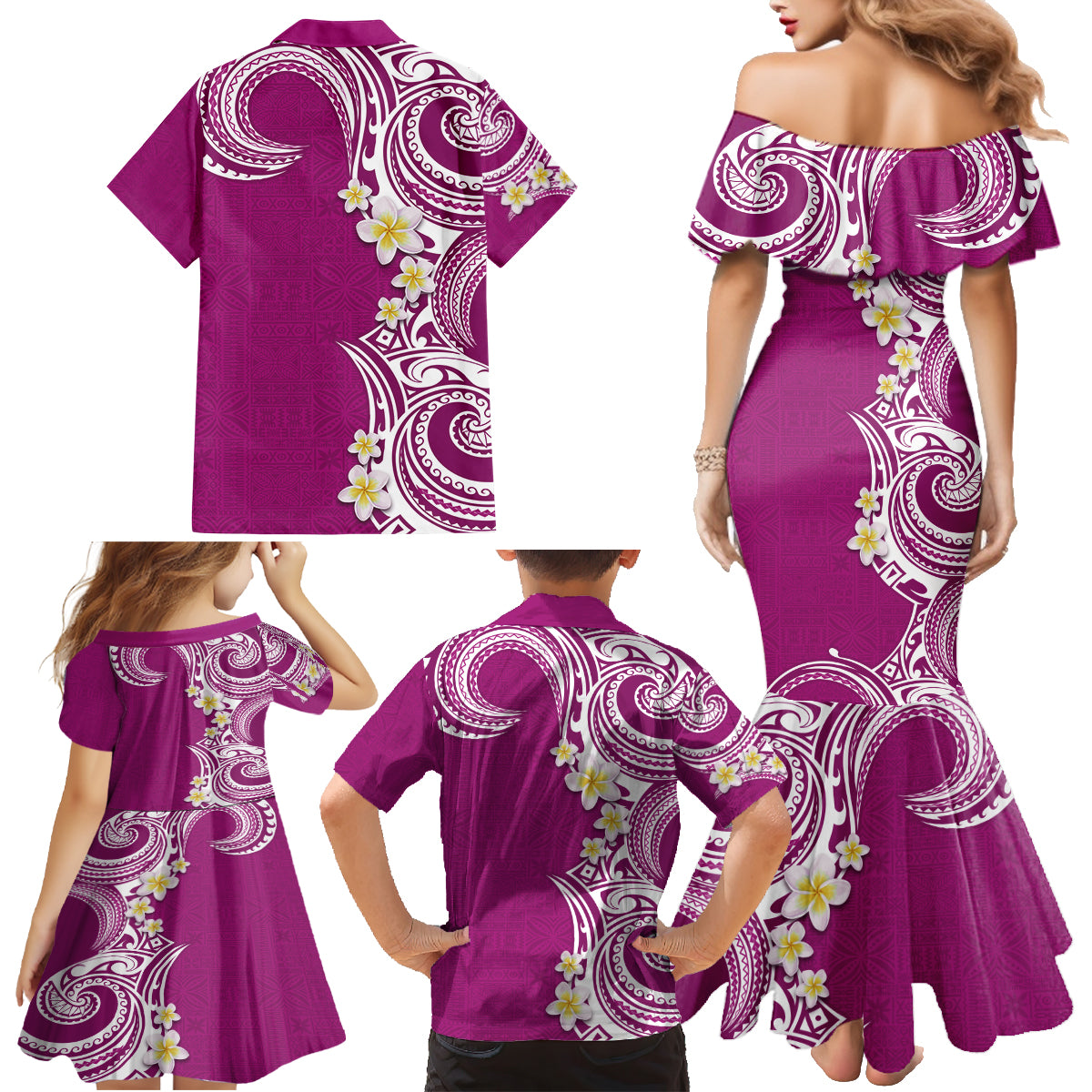 Aloha Polynesian Plumeria Flower Family Matching Mermaid Dress and Hawaiian Shirt Pink Color LT03 - Polynesian Pride
