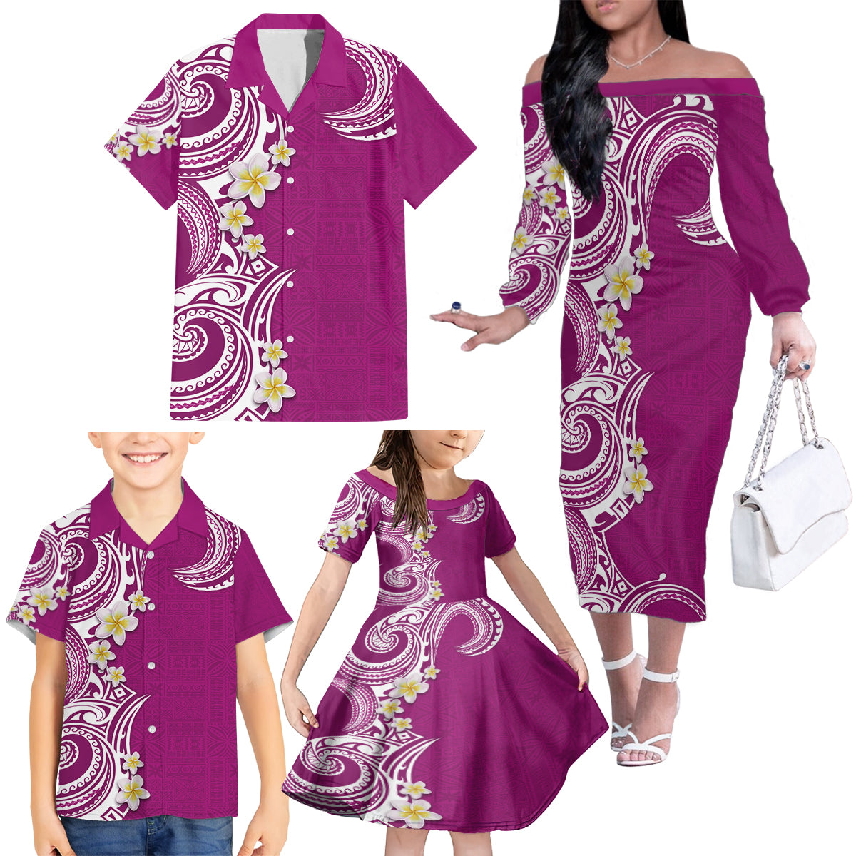 Aloha Polynesian Plumeria Flower Family Matching Off The Shoulder Long Sleeve Dress and Hawaiian Shirt Pink Color LT03 - Polynesian Pride