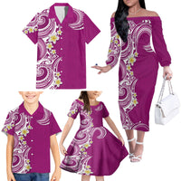 Aloha Polynesian Plumeria Flower Family Matching Off The Shoulder Long Sleeve Dress and Hawaiian Shirt Pink Color LT03 - Polynesian Pride