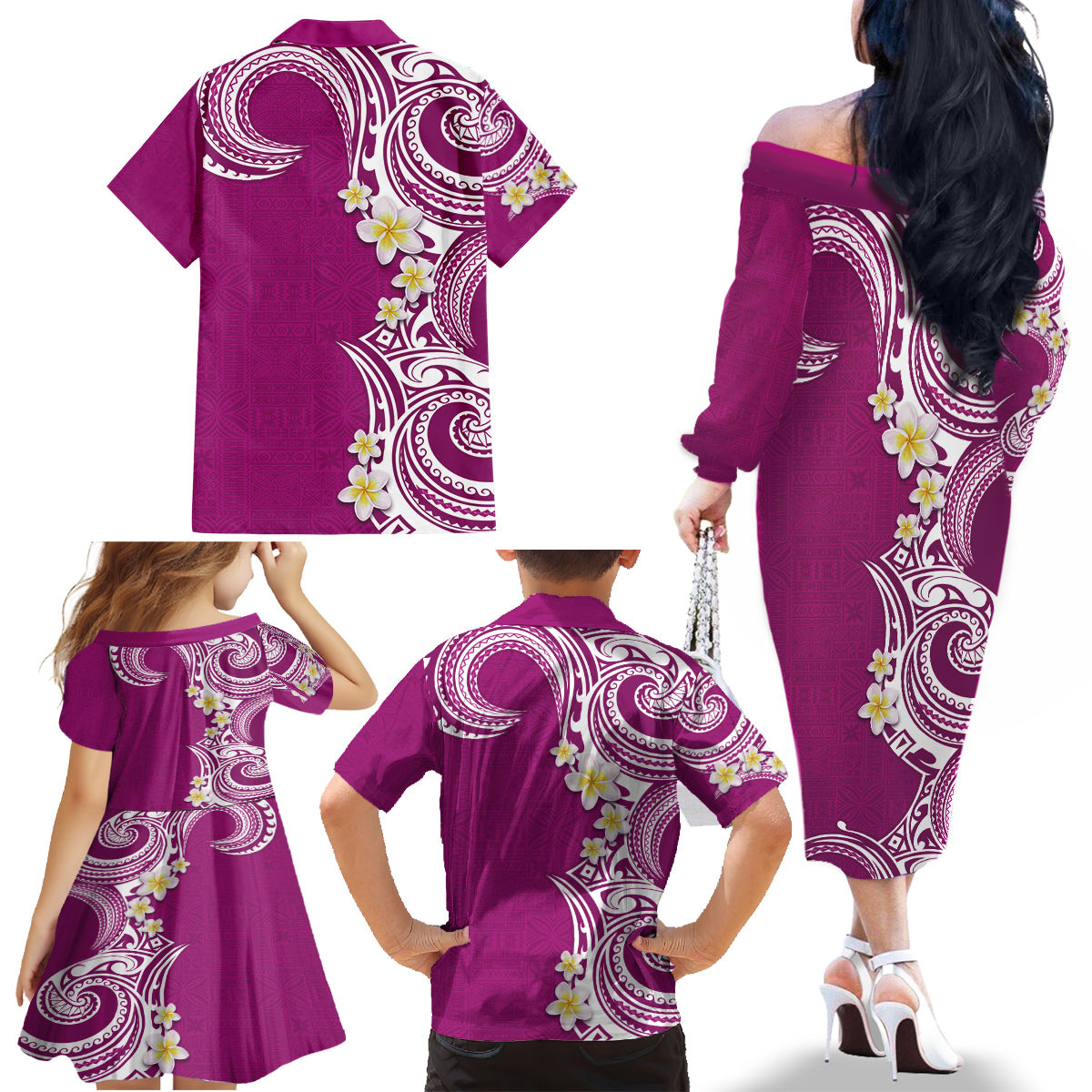 Aloha Polynesian Plumeria Flower Family Matching Off The Shoulder Long Sleeve Dress and Hawaiian Shirt Pink Color LT03 - Polynesian Pride