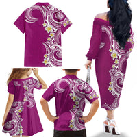 Aloha Polynesian Plumeria Flower Family Matching Off The Shoulder Long Sleeve Dress and Hawaiian Shirt Pink Color LT03 - Polynesian Pride
