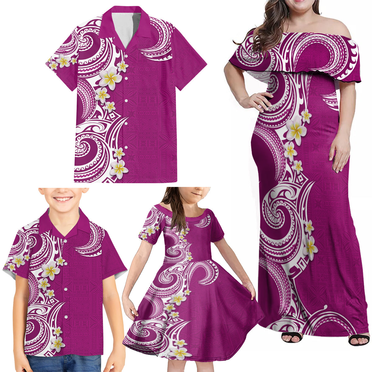 Aloha Polynesian Plumeria Flower Family Matching Off Shoulder Maxi Dress and Hawaiian Shirt Pink Color LT03 - Polynesian Pride