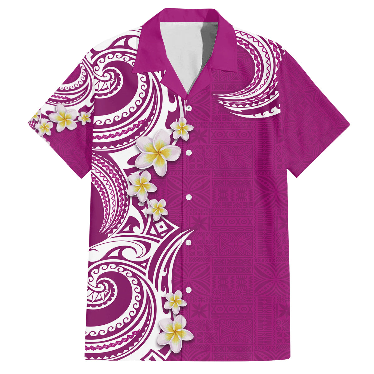 Aloha Polynesian Plumeria Flower Family Matching Off Shoulder Maxi Dress and Hawaiian Shirt Pink Color LT03 Dad's Shirt - Short Sleeve Pink - Polynesian Pride