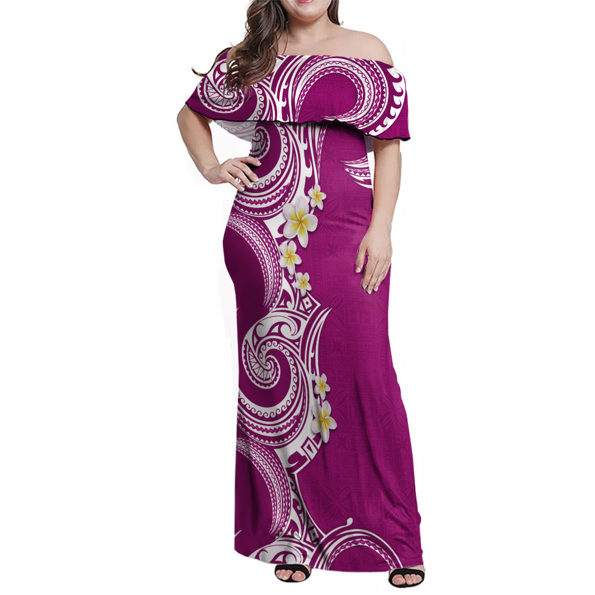 Aloha Polynesian Plumeria Flower Family Matching Off Shoulder Maxi Dress and Hawaiian Shirt Pink Color LT03 Mom's Dress Pink - Polynesian Pride