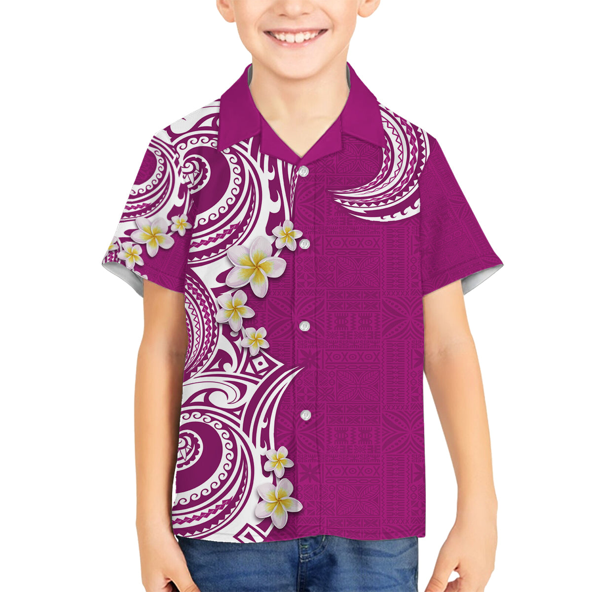 Aloha Polynesian Plumeria Flower Family Matching Off Shoulder Maxi Dress and Hawaiian Shirt Pink Color LT03 Son's Shirt Pink - Polynesian Pride