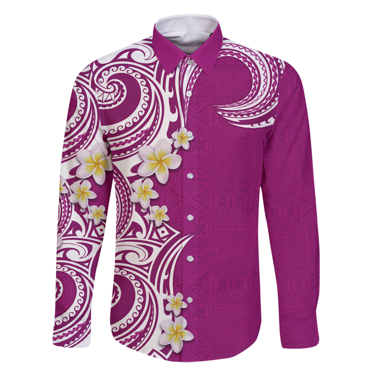 Aloha Polynesian Plumeria Flower Family Matching Off Shoulder Short Dress and Hawaiian Shirt Pink Color LT03 Dad's Shirt - Long Sleeve Pink - Polynesian Pride