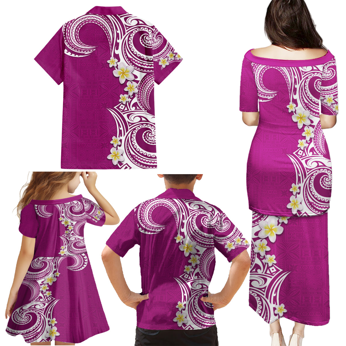 Aloha Polynesian Plumeria Flower Family Matching Puletasi and Hawaiian Shirt Pink Color LT03 - Polynesian Pride