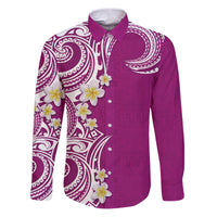 Aloha Polynesian Plumeria Flower Family Matching Puletasi and Hawaiian Shirt Pink Color LT03 Dad's Shirt - Long Sleeve Pink - Polynesian Pride