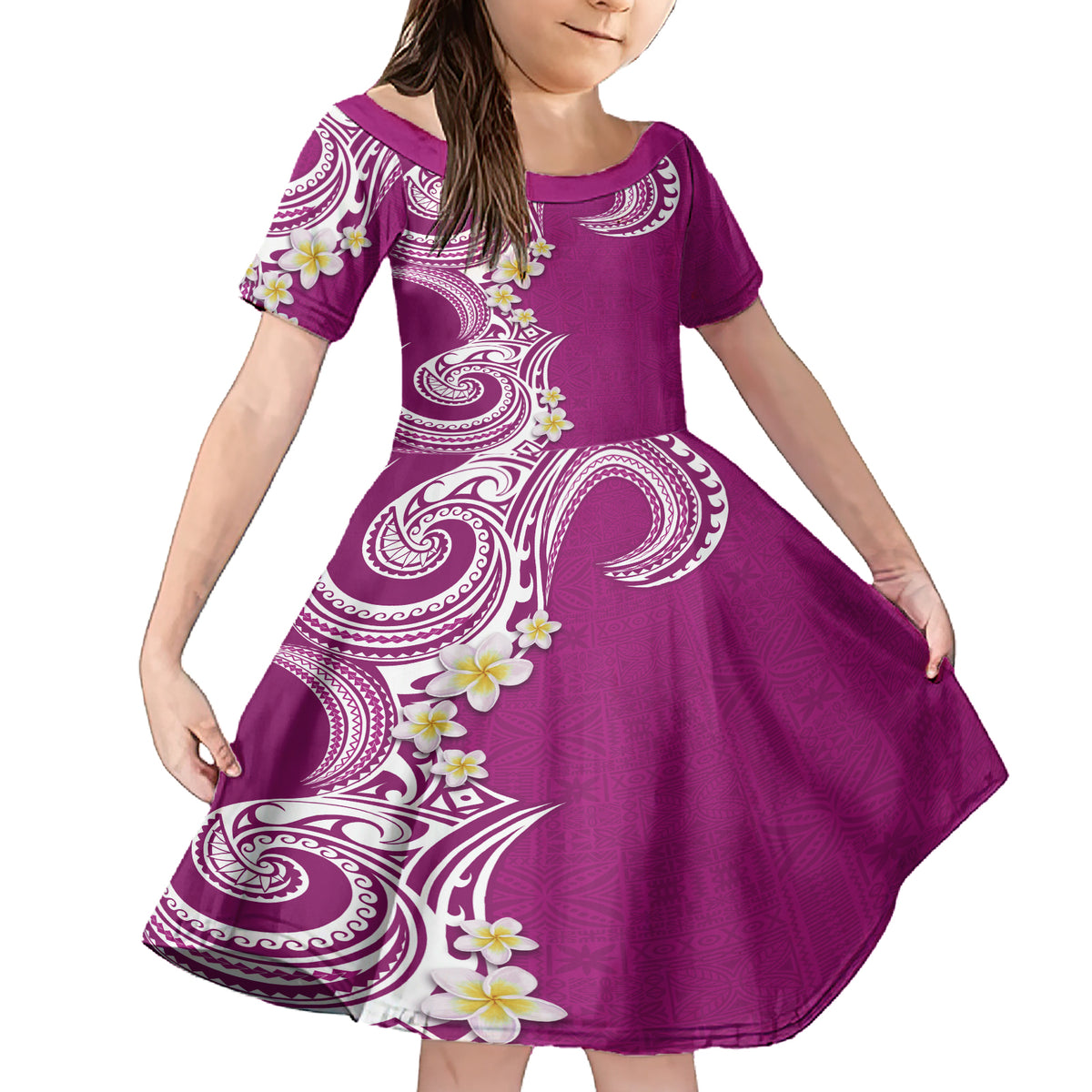 Aloha Polynesian Plumeria Flower Family Matching Short Sleeve Bodycon Dress and Hawaiian Shirt Pink Color LT03 Daughter's Dress Pink - Polynesian Pride