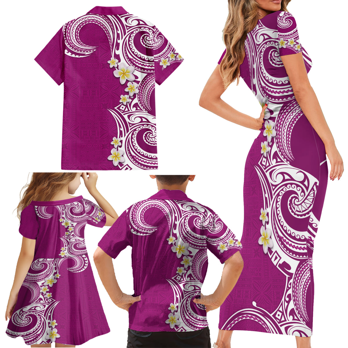 Aloha Polynesian Plumeria Flower Family Matching Short Sleeve Bodycon Dress and Hawaiian Shirt Pink Color LT03 - Polynesian Pride